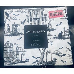 Cynthia Rowley Halloween Haunted Toile Black Goth Sheet 4PC QUEEN FAST SHIP